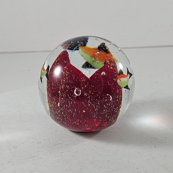 Art Glass Paperweight With Red Core Swimming Fish Orange Green - Picture 3 of 8